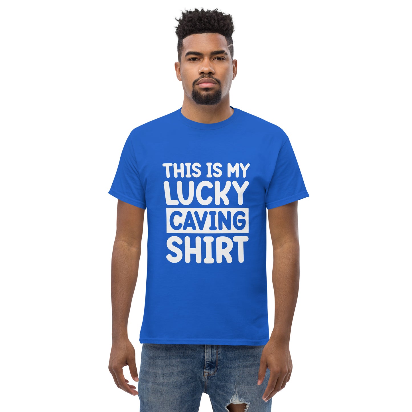 Unisex classic royal blue T-shirt featuring "This is my Luck" text design by Knot Qualified.