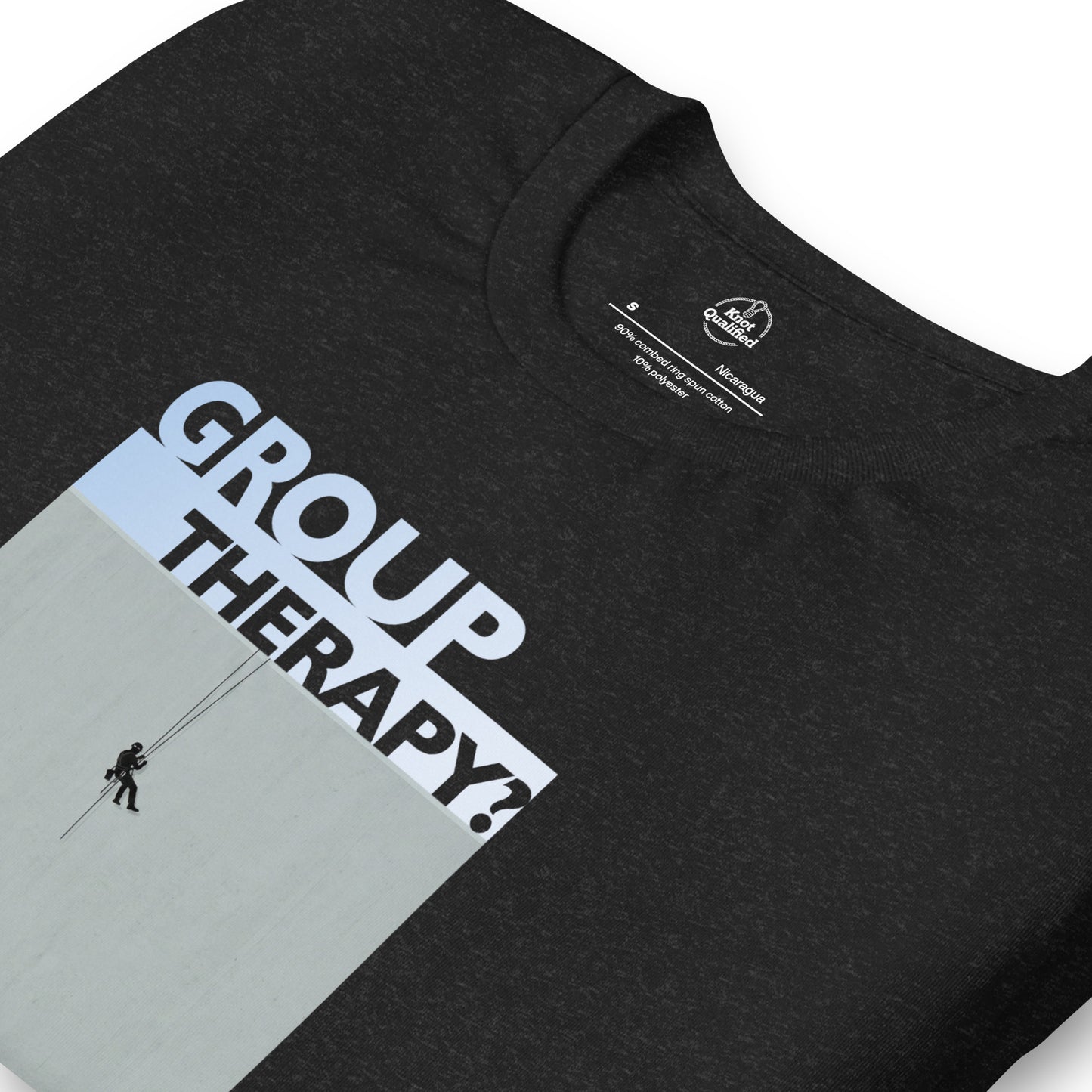 Black heather unisex T-shirt by Knot Qualified featuring "Group Therapy? No Thanks." text for rope access technicians.