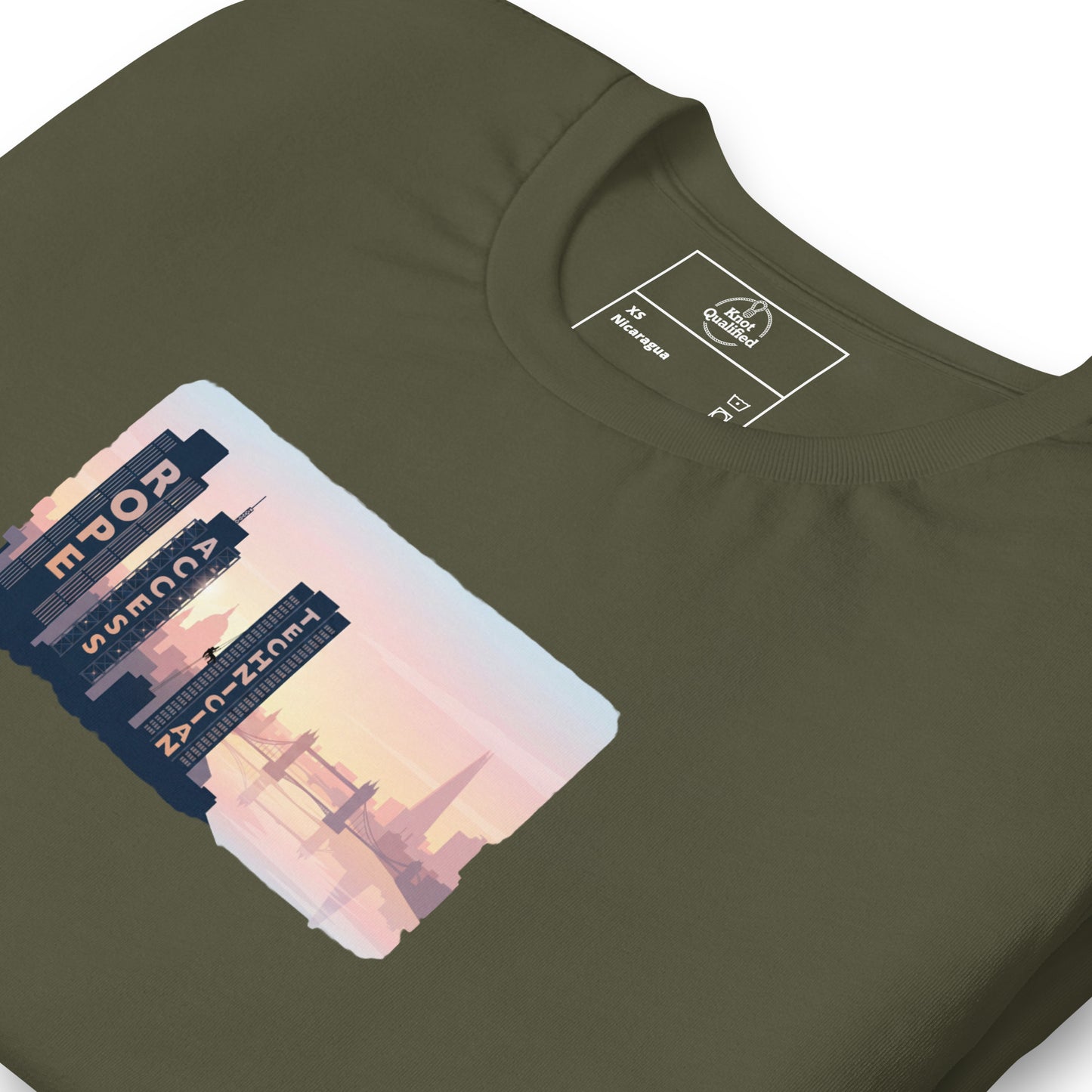 Military green Knot Qualified T-shirt featuring a London skyline design for rope access technicians.