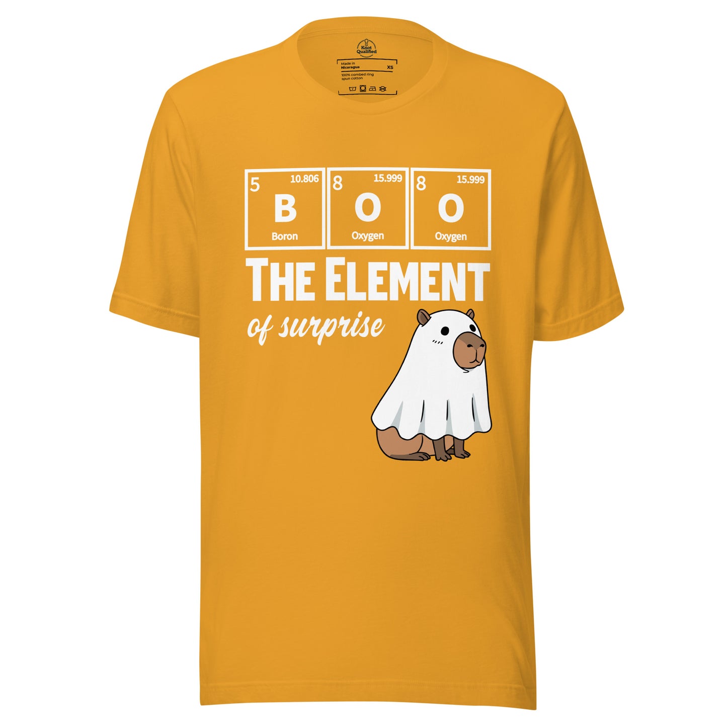Unisex mustard t-shirt featuring a funny capybara ghost science design by Knot Qualified.