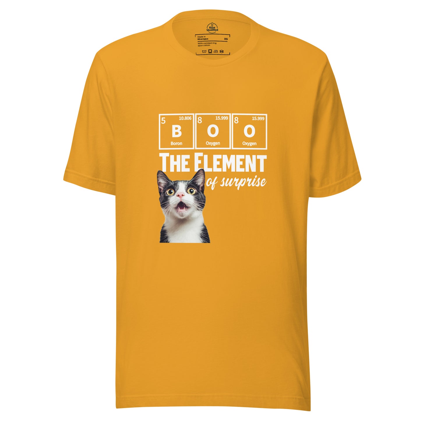 Mustard unisex t-shirt featuring a funny tuxedo cat science pun by Knot Qualified.