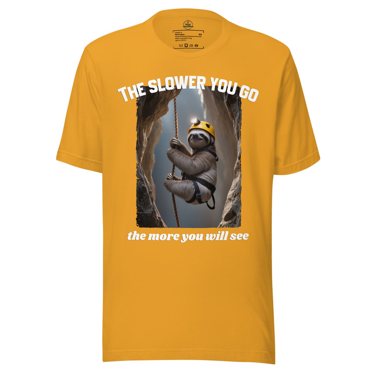 Unisex mustard t-shirt by Knot Qualified featuring the phrase "The slower you go - the more you will see" on the front.
