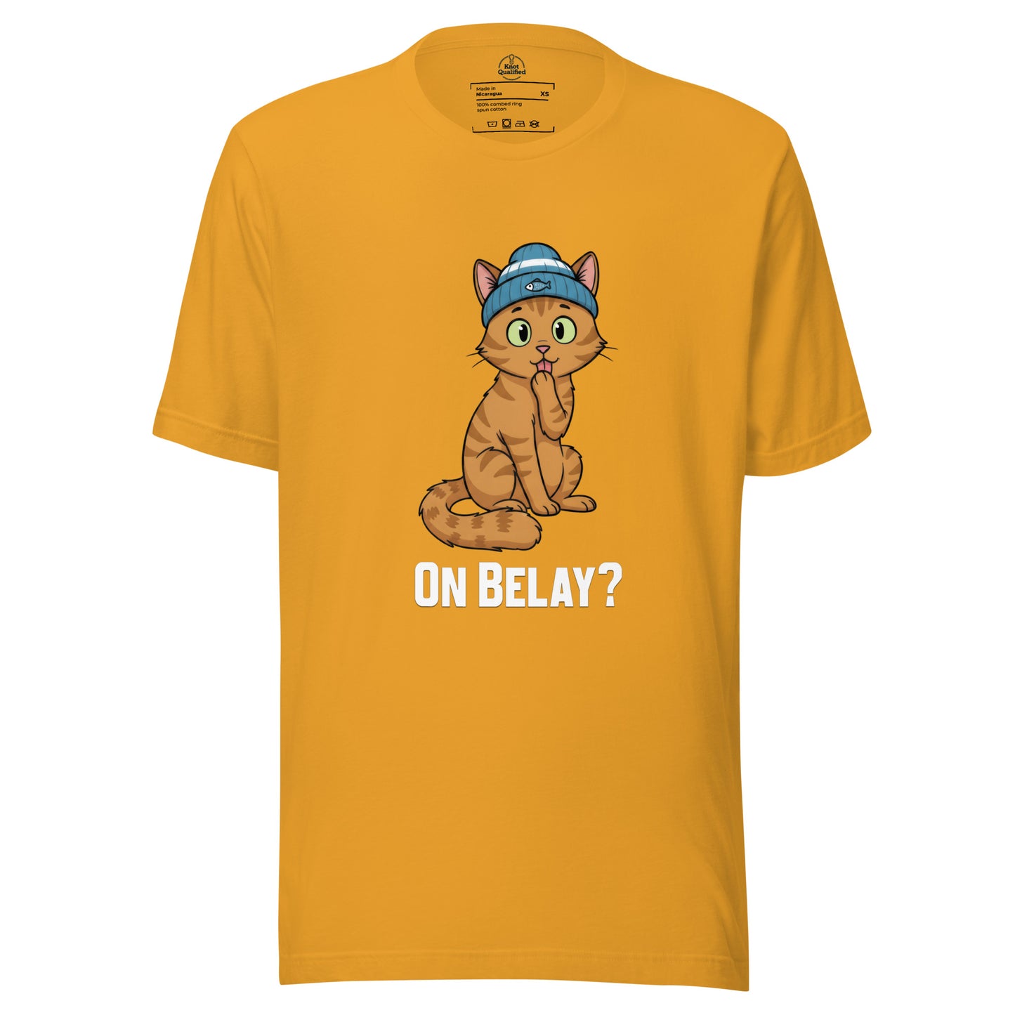 Mustard yellow unisex t-shirt from Knot Qualified featuring a climbing cat graphic on the front.