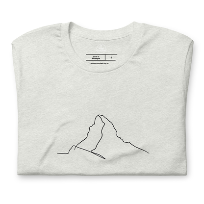 Ash grey Minimalist Matterhorn line art t-shirt featuring Picasso style alpinist design by Knot Qualified.