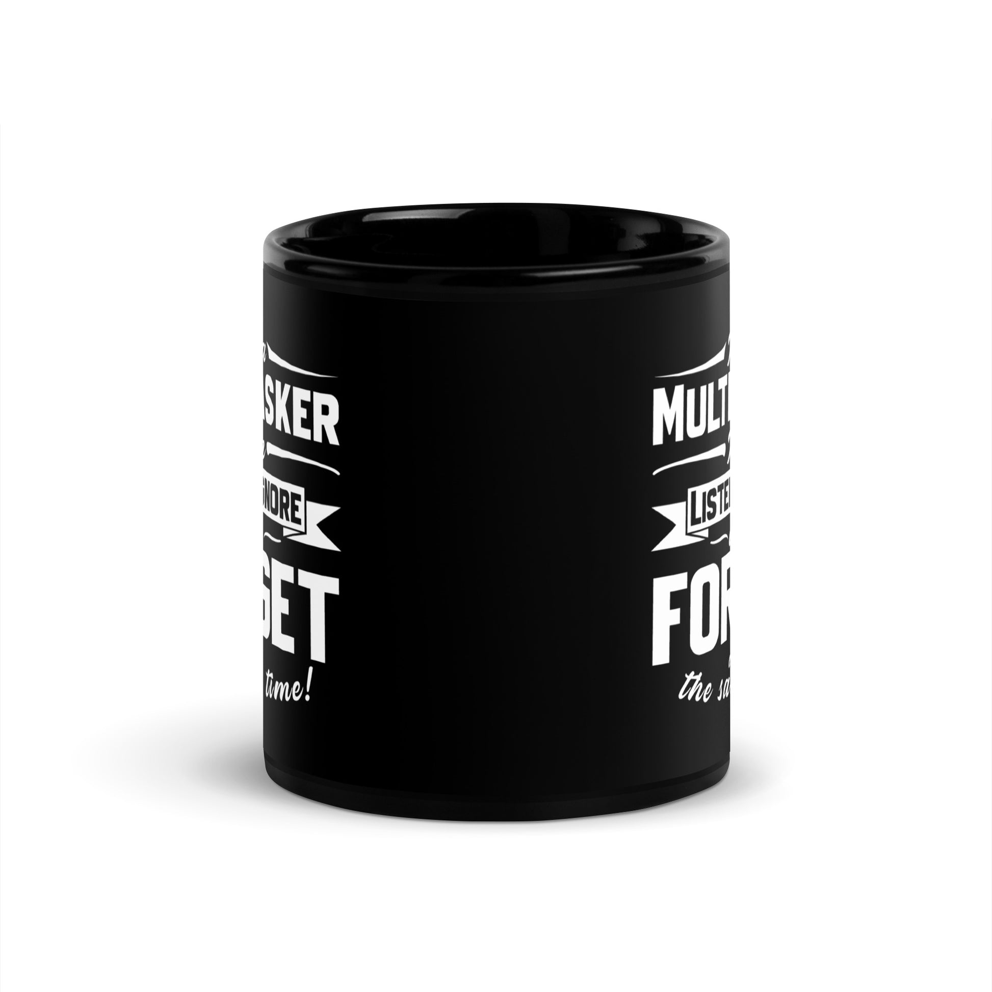 Black glossy mug by Knot Qualified, 11 oz, showcasing a sleek, shiny surface and classic design from a front view.