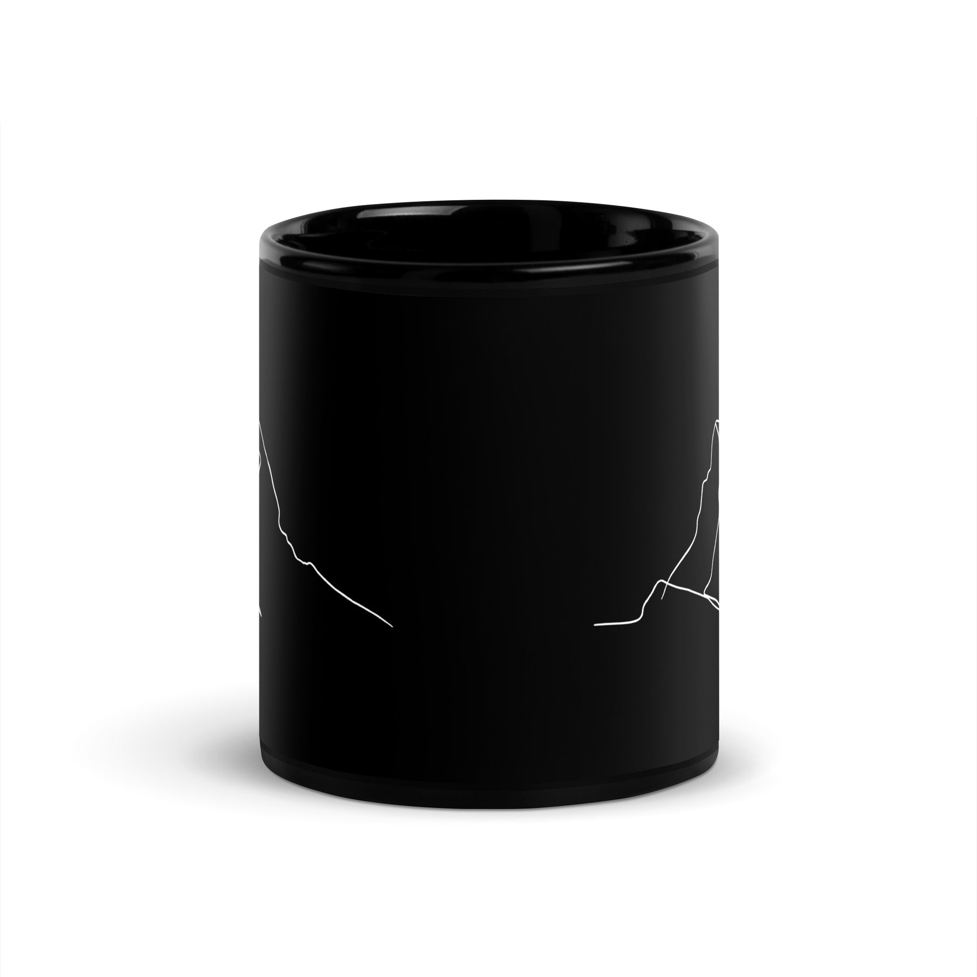 Black glossy Matterhorn minimalist line art mug by Knot Qualified, featuring a sleek design ideal for coffee lovers.