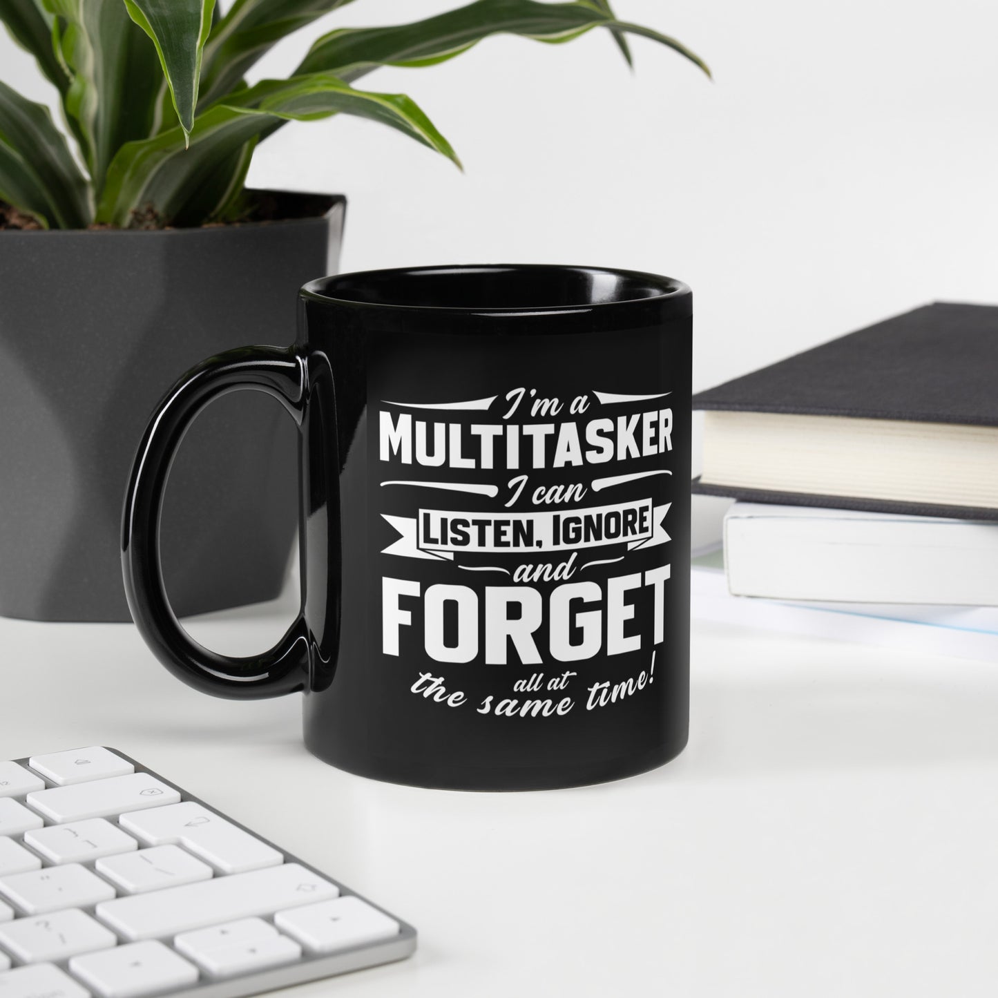Black glossy 11 oz mug by Knot Qualified, featuring a smooth finish and handle on the left side.