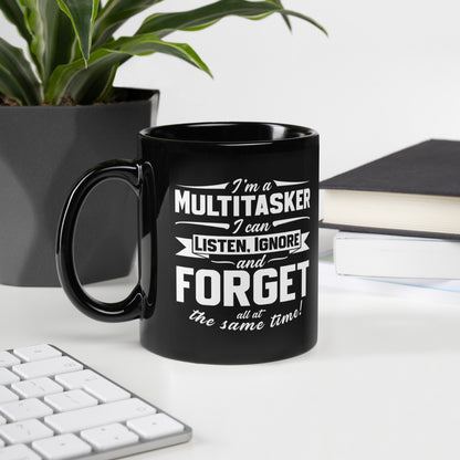 Black glossy 11 oz mug by Knot Qualified, featuring a smooth finish and handle on the left side.
