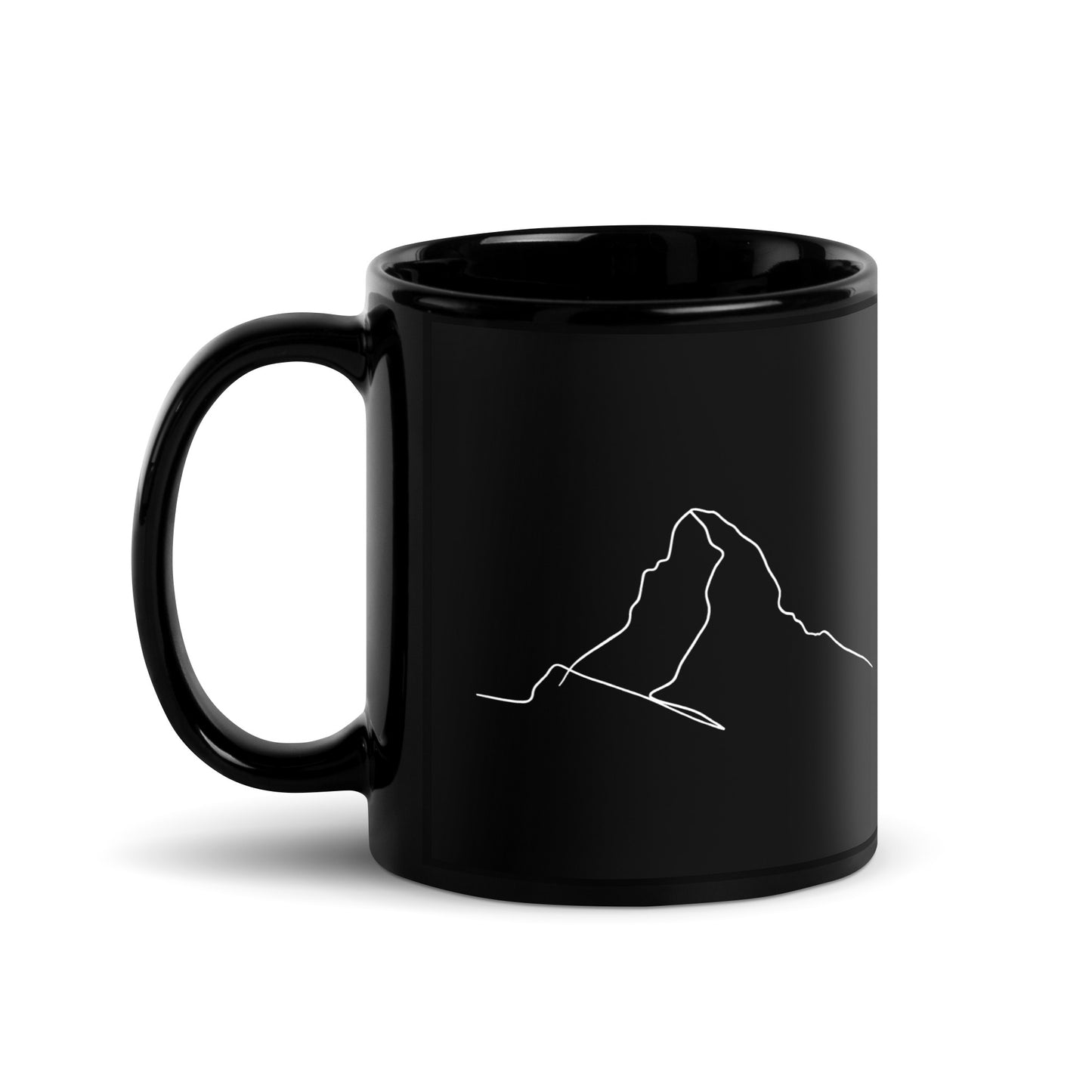 Black glossy Matterhorn minimalist line art mug with handle on left, perfect for coffee lovers by Knot Qualified.