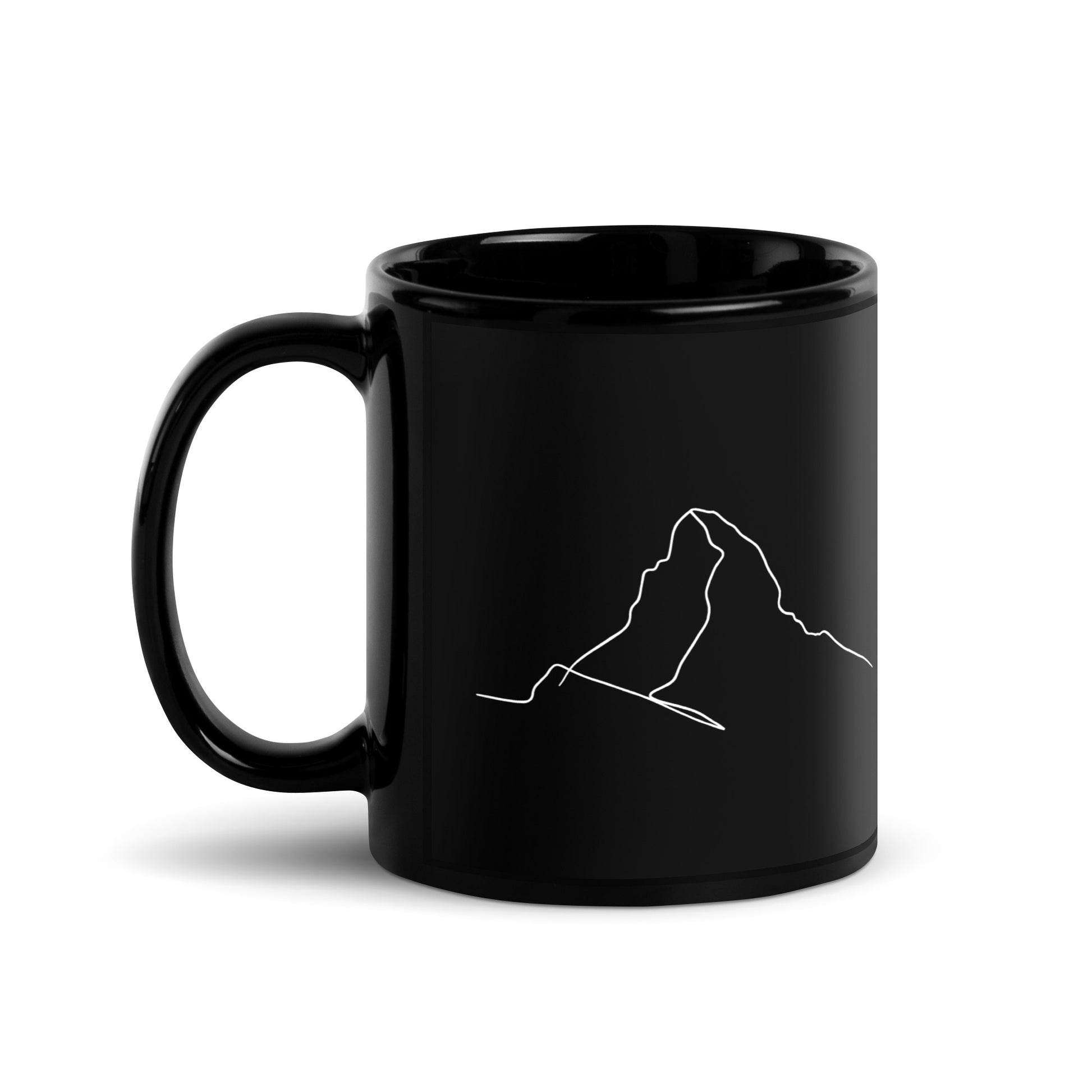 Black glossy Matterhorn minimalist line art mug with handle on left, perfect for coffee lovers by Knot Qualified.