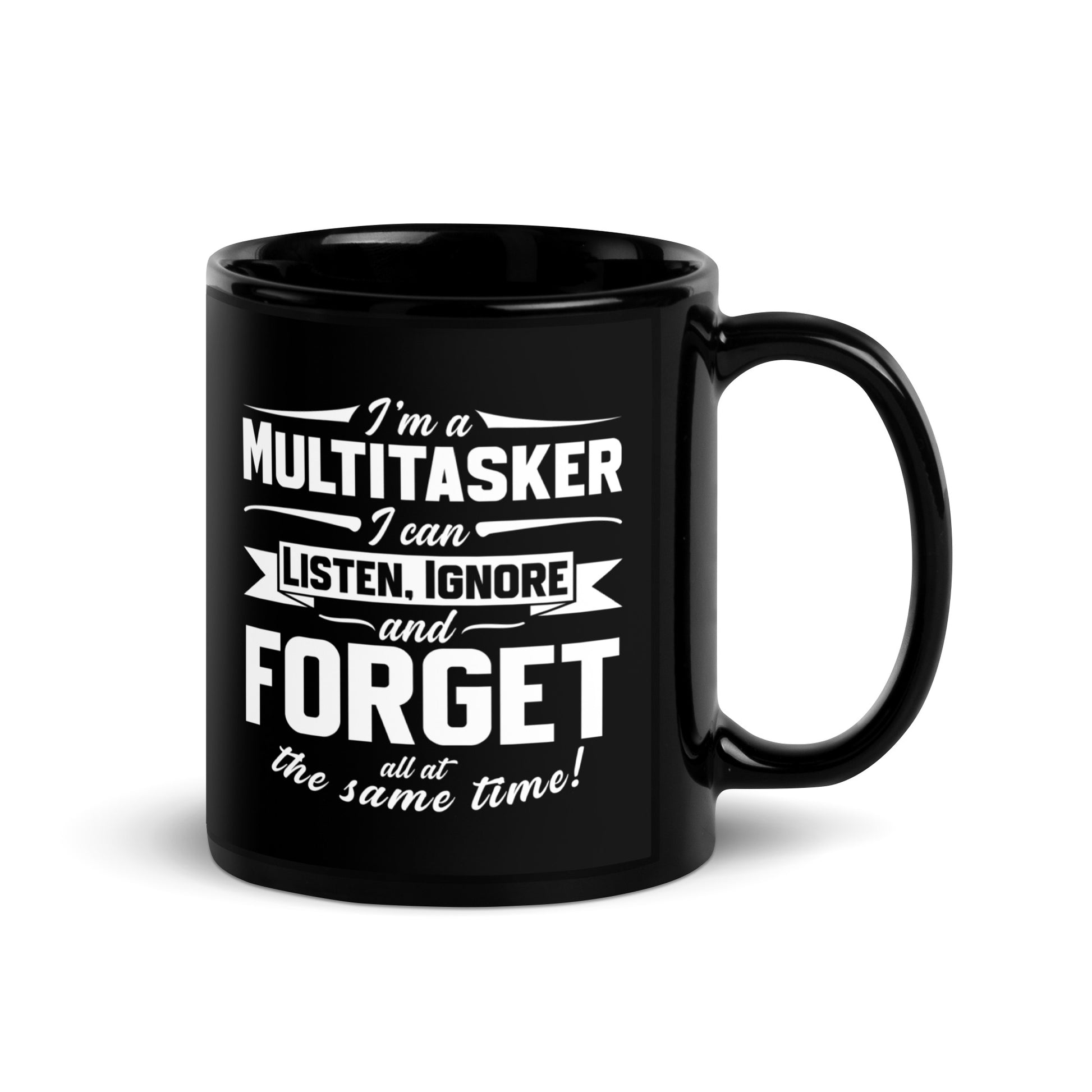 Black glossy 11 oz mug by Knot Qualified with a handle on the right side, set against a neutral background.