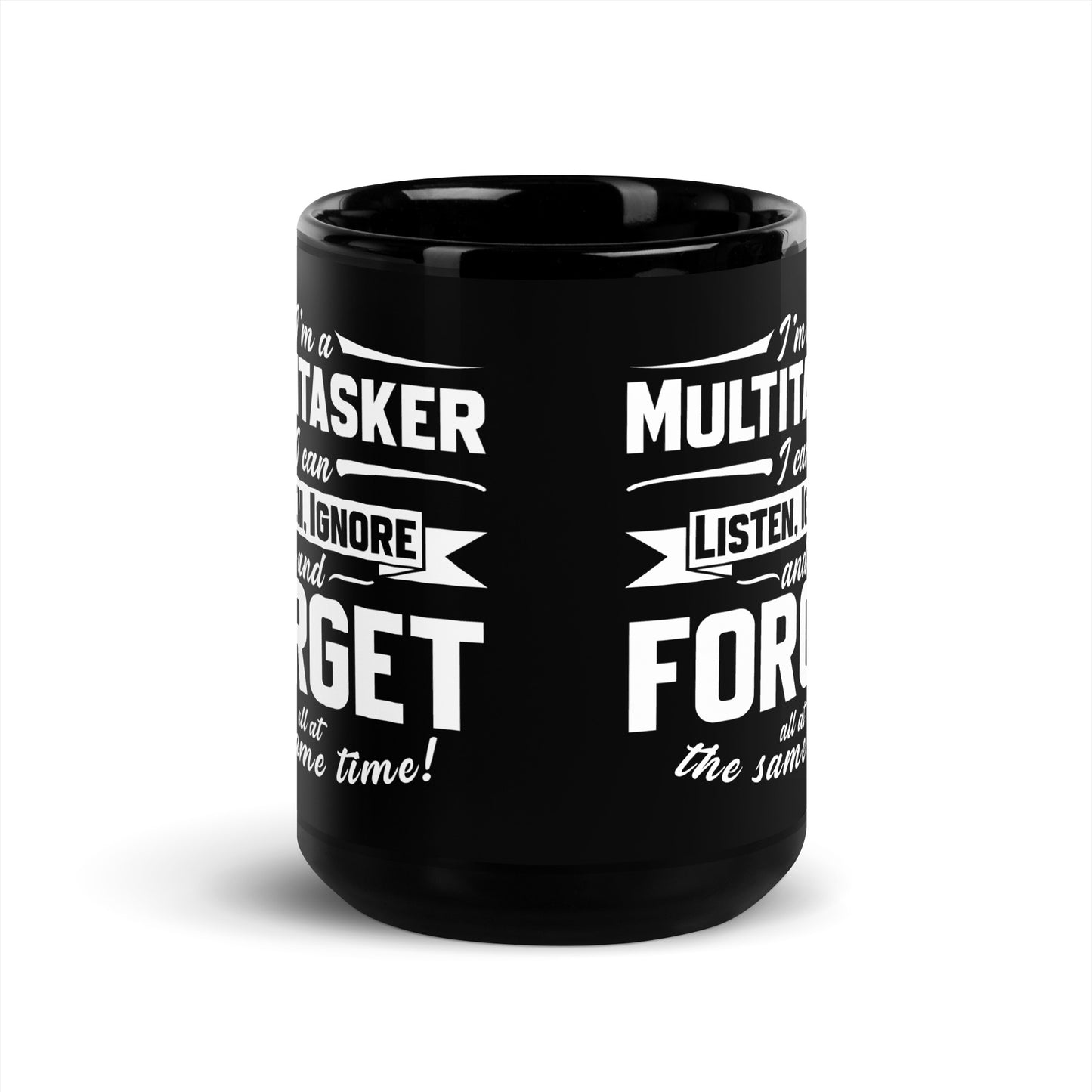 Black glossy mug from Knot Qualified, featuring a sleek design and 15 oz capacity, shown from the front.
