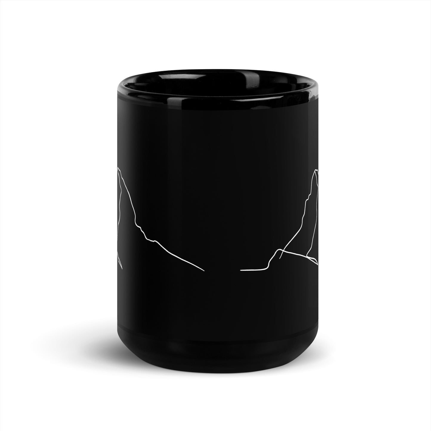 Black glossy minimalist line art mug featuring an alpinist design, ideal for coffee lovers by Knot Qualified.