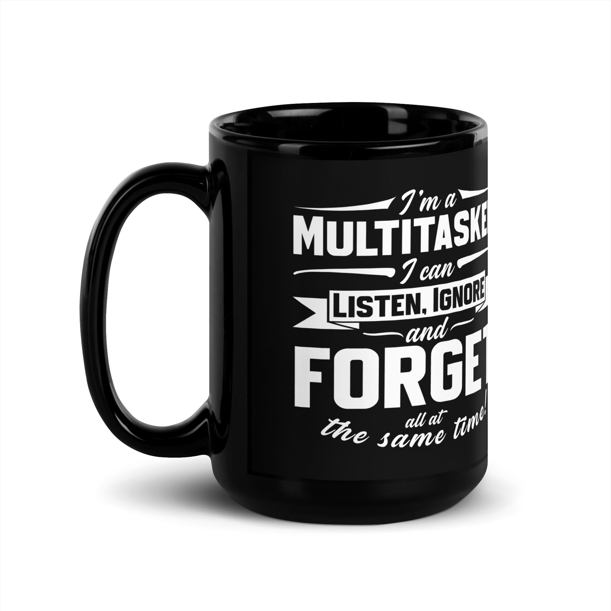 Black glossy 15 oz mug by Knot Qualified with a left-side handle, ideal for hot beverages.