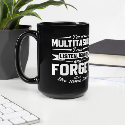 Black glossy 15 oz mug by Knot Qualified with a left-side handle, showcasing a sleek and modern design.