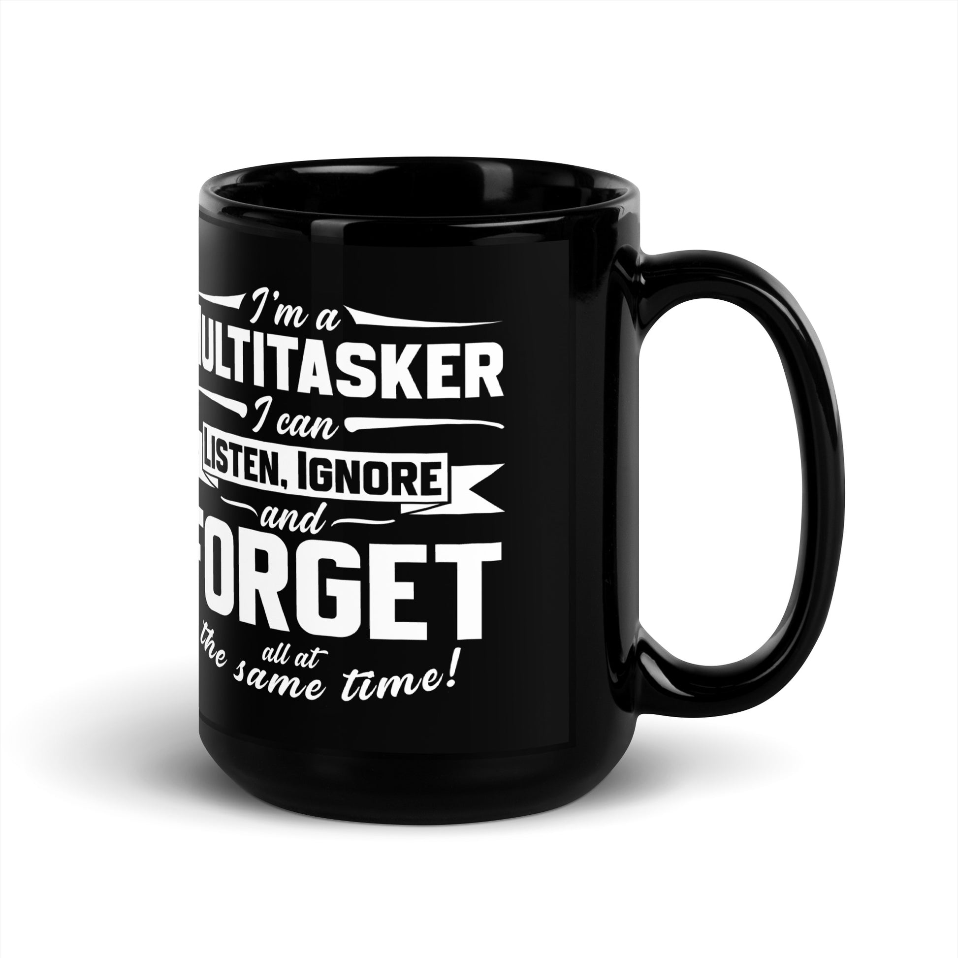 Black glossy 15 oz mug from Knot Qualified with a right-side handle, showcasing a sleek and modern design.