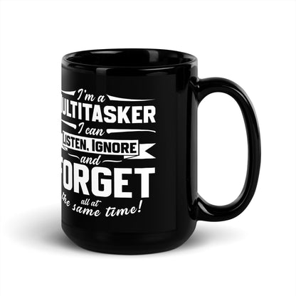 Black glossy 15 oz mug from Knot Qualified with a right-side handle, showcasing a sleek and modern design.