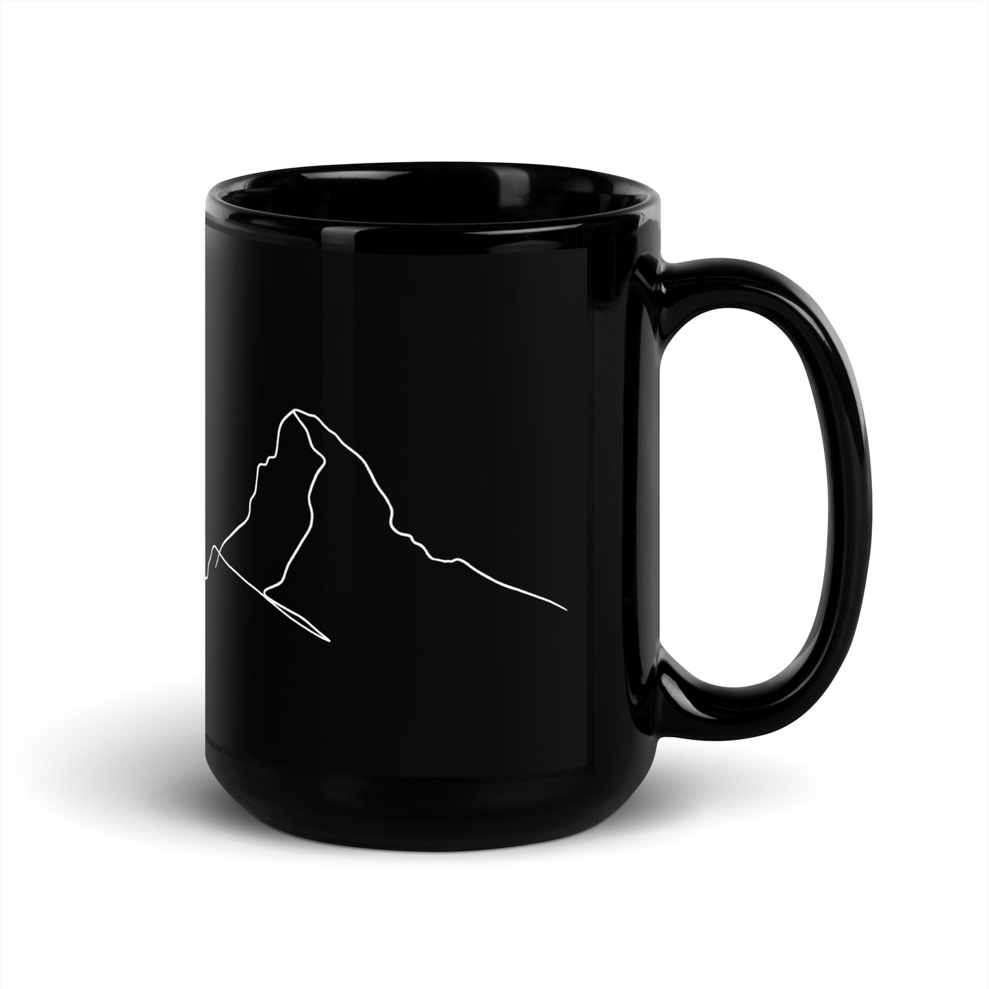 Black glossy Matterhorn minimalist line art mug with handle on the right, designed by Knot Qualified for coffee lovers.