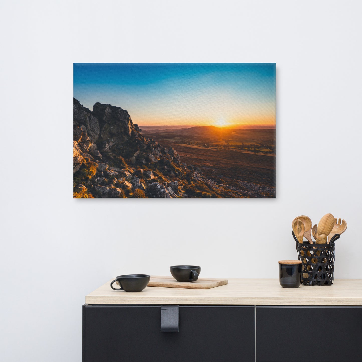 Canvas print of a sunset over the Stiperstones in Shropshire by Knot Qualified, showcasing vibrant colors and landscape details.