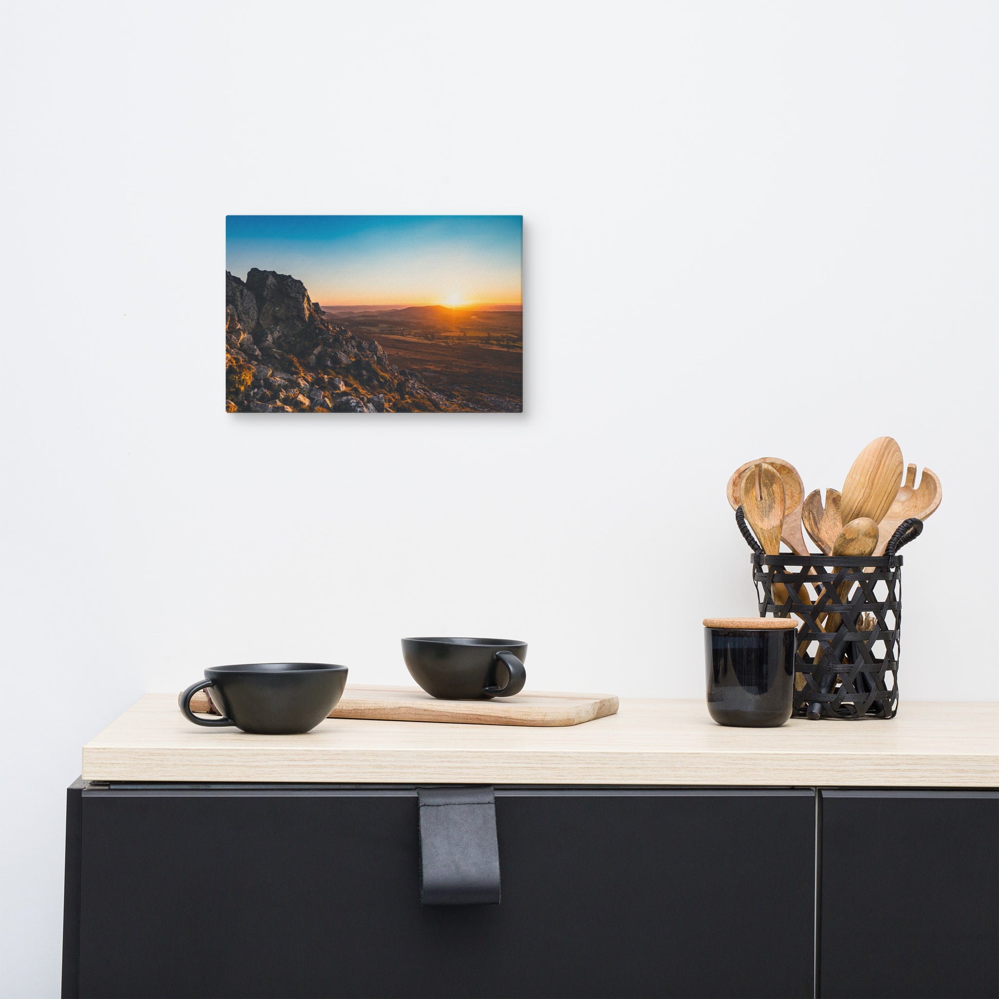 Canvas print of a sunset over the Stiperstones in Shropshire by Knot Qualified, showcasing vibrant colors and dramatic scenery.
