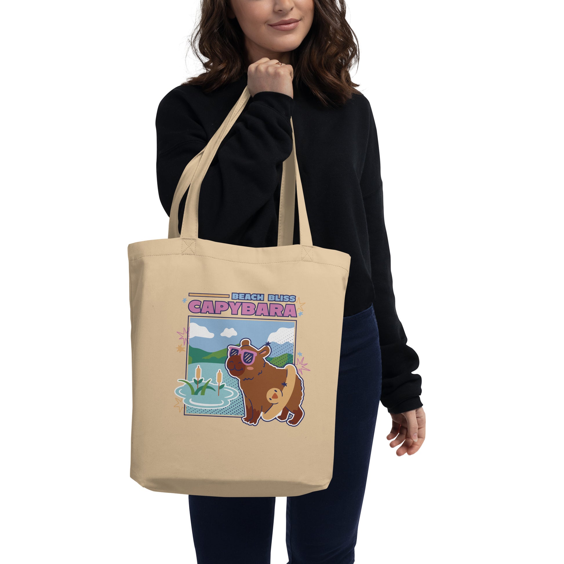 Knot Qualified Capybara eco tote bag in oyster color, featuring a spacious design and stylish front view.