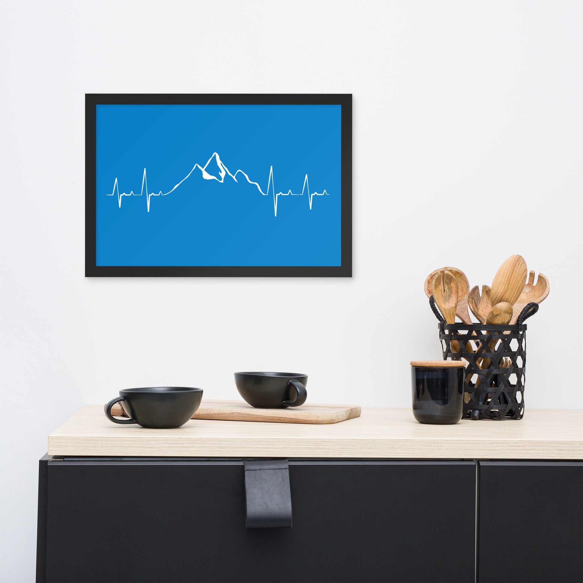 Framed poster of Blue Mountain Heartbeat design by Knot Qualified, featuring a black frame and enhanced matte paper finish.