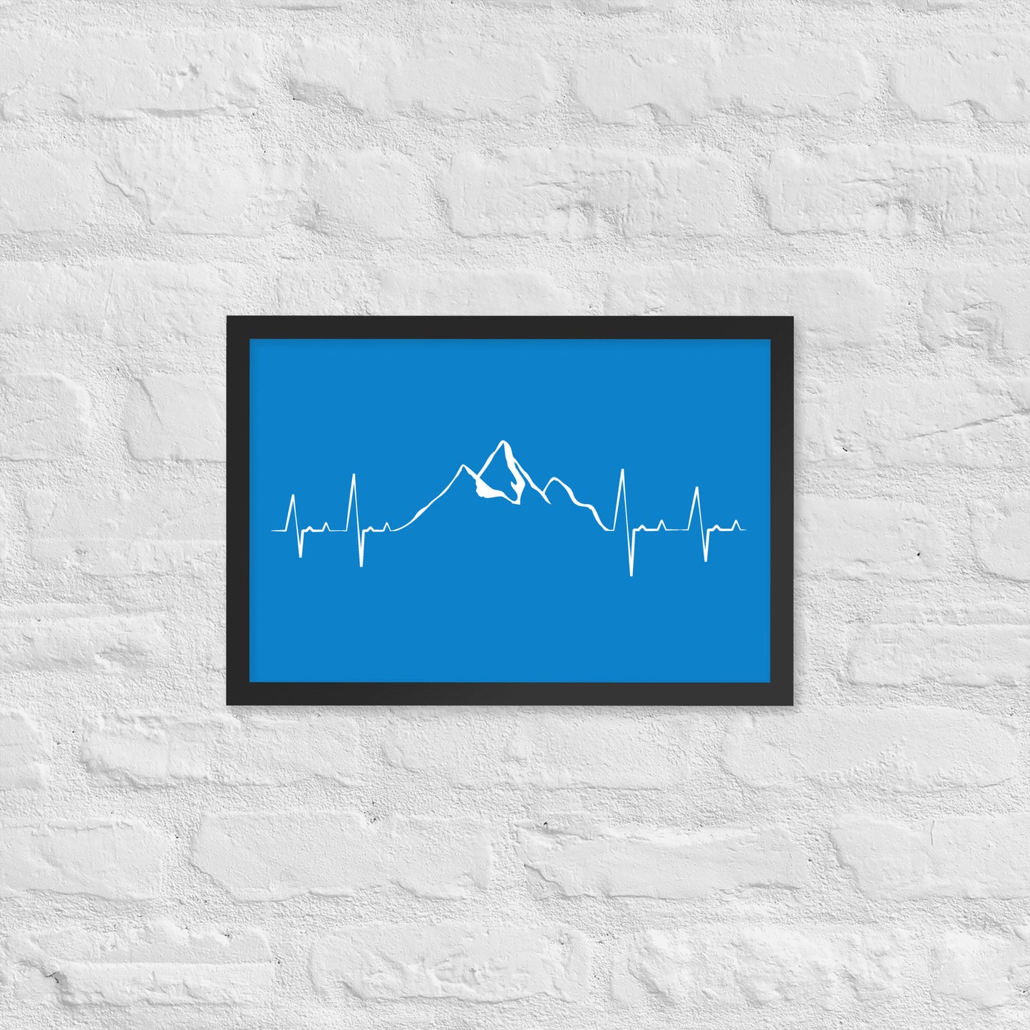 Framed Blue Mountain Heartbeat poster by Knot Qualified in black, showcasing vibrant mountain landscape art.