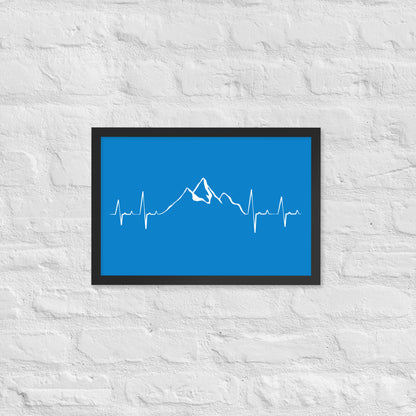 Framed Blue Mountain Heartbeat poster by Knot Qualified in black, showcasing vibrant mountain landscape art.