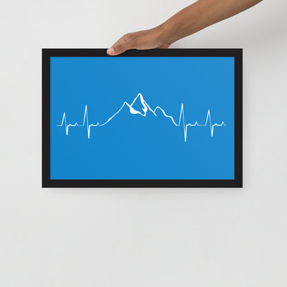 Framed Blue Mountain Heartbeat poster by Knot Qualified in black, showcasing a serene mountain landscape design.