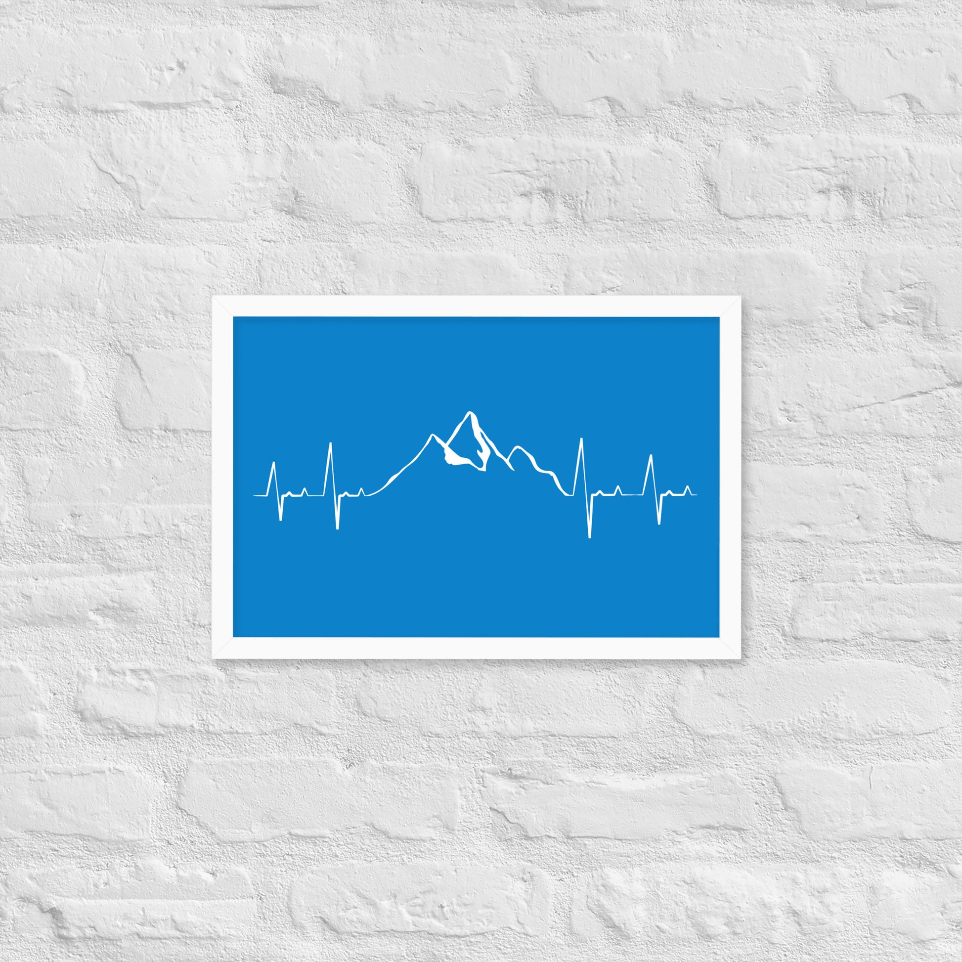 Framed Blue Mountain Heartbeat poster by Knot Qualified, showcasing a serene mountain landscape in a white frame.