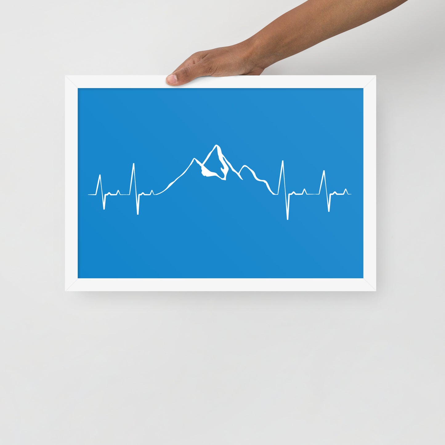 Framed Blue Mountain Heartbeat poster by Knot Qualified on enhanced matte paper with a white frame, 12x18 size.