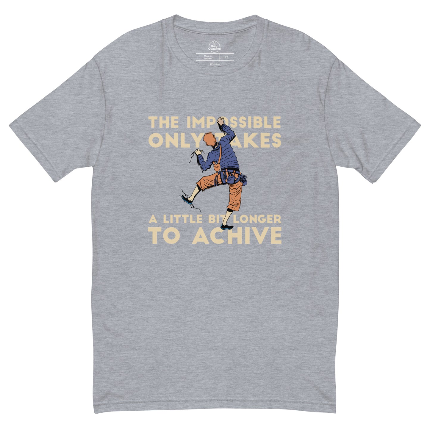 Men's fitted heather grey t-shirt featuring "Achieve the Impossible" graphic by Knot Qualified for rock climbing enthusiasts.