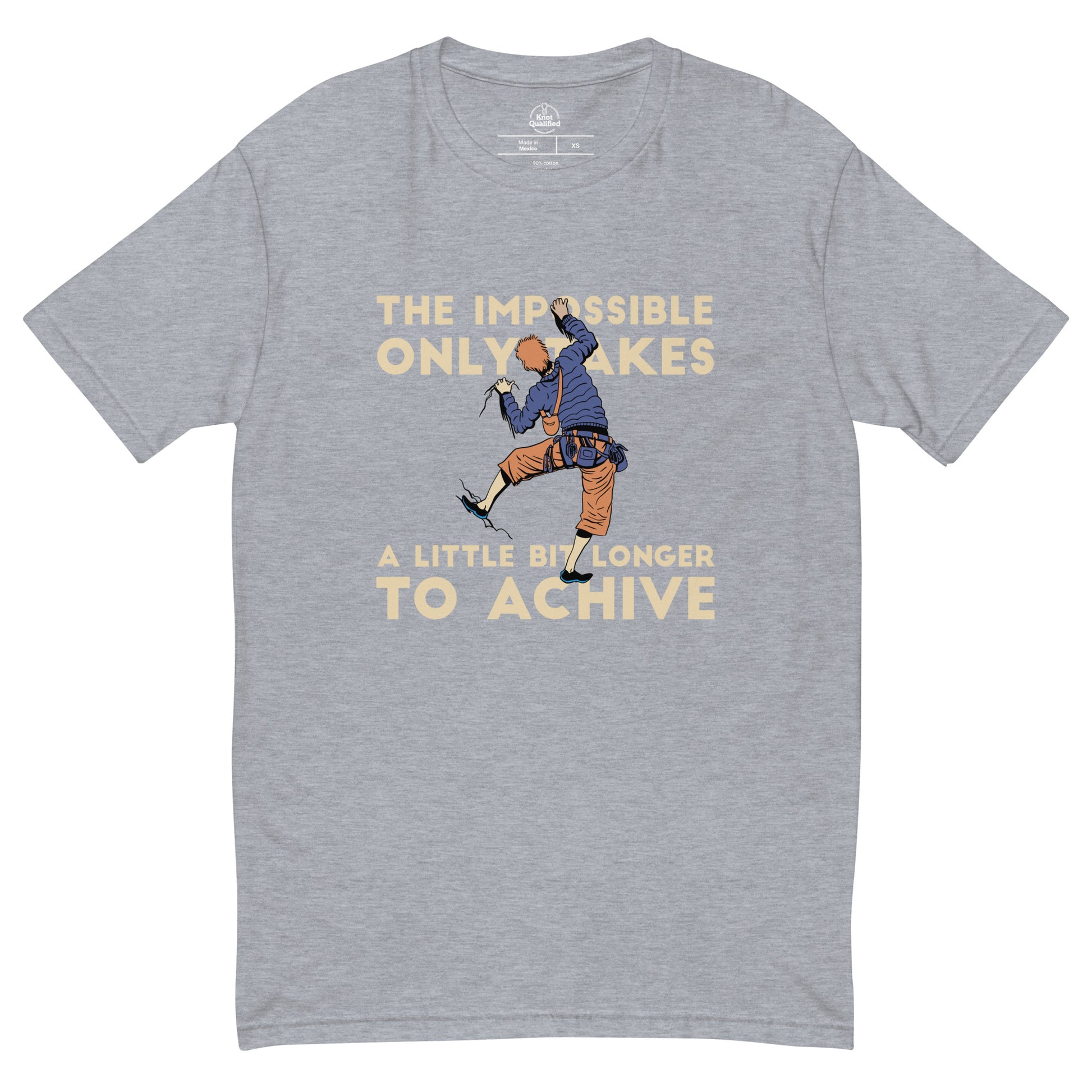 Men's fitted heather grey t-shirt featuring "Achieve the Impossible" graphic by Knot Qualified for rock climbing enthusiasts.