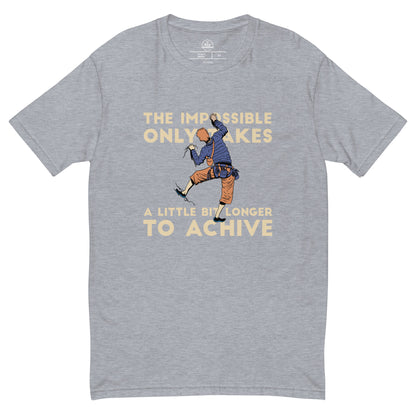 Men's fitted heather grey t-shirt featuring "Achieve the Impossible" graphic by Knot Qualified for rock climbing enthusiasts.