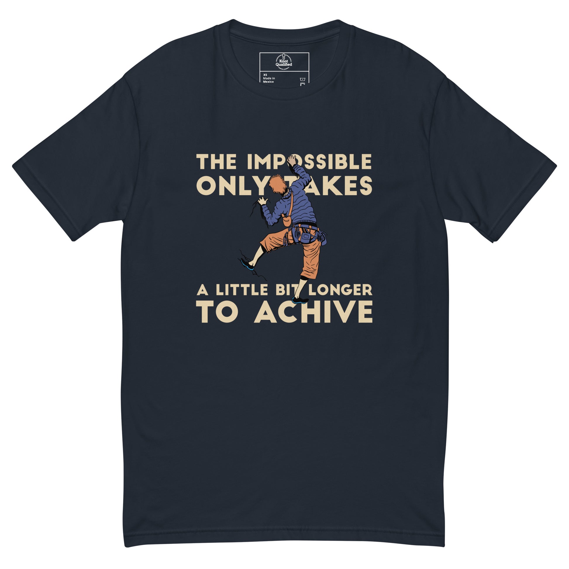 Men's fitted midnight navy t-shirt featuring "Achieve the Impossible" graphic by Knot Qualified for rock climbing enthusiasts.