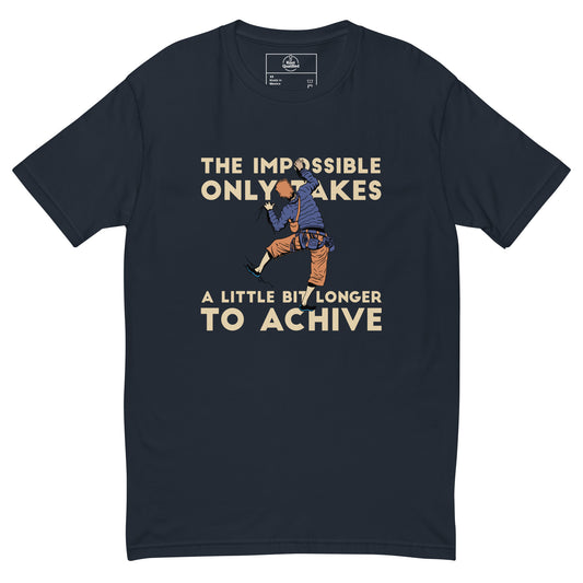 Men's fitted midnight navy t-shirt featuring "Achieve the Impossible" graphic by Knot Qualified for rock climbing enthusiasts.