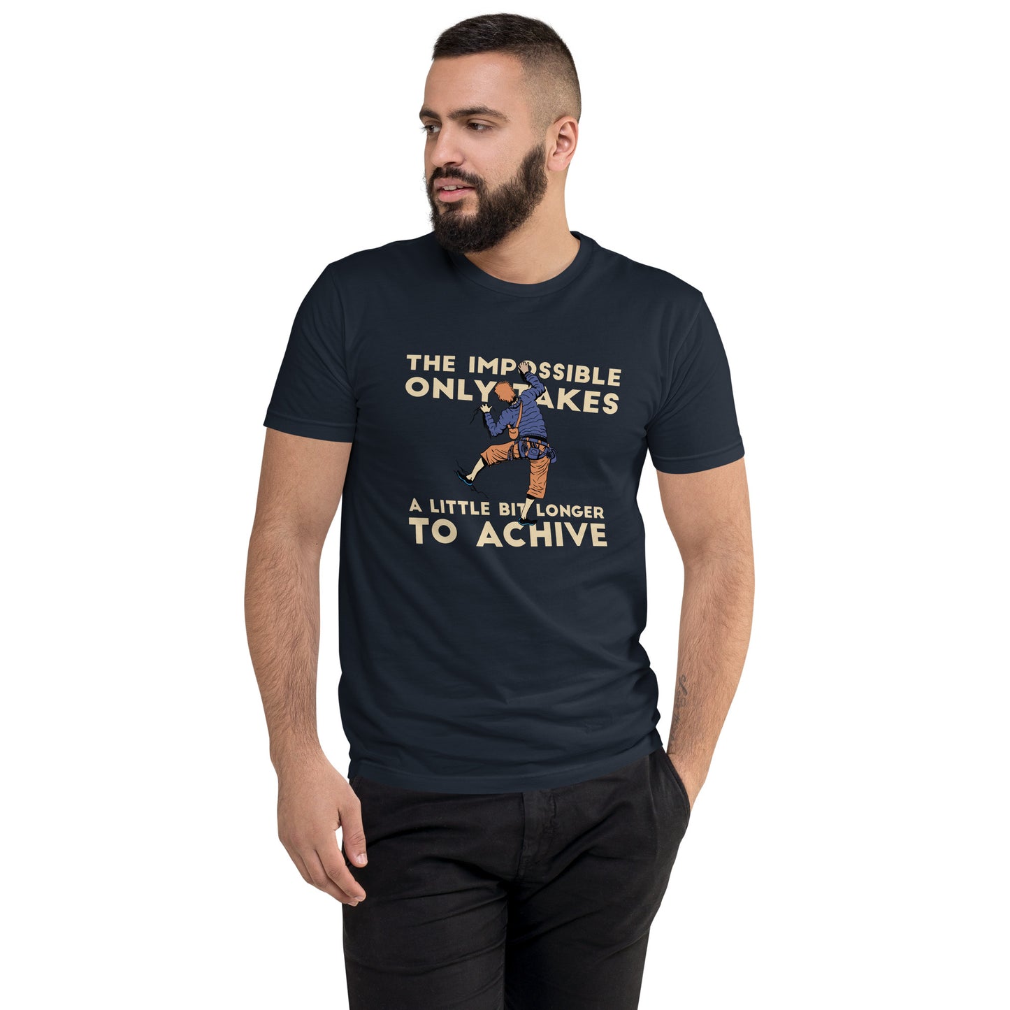Men's fitted midnight navy t-shirt featuring the "Achieve the Impossible" graphic by Knot Qualified for rock climbing enthusiasts.