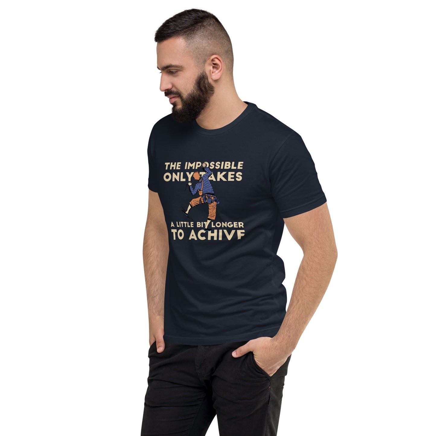 Men's fitted midnight navy t-shirt featuring "Achieve the Impossible" graphic by Knot Qualified for rock climbing enthusiasts.