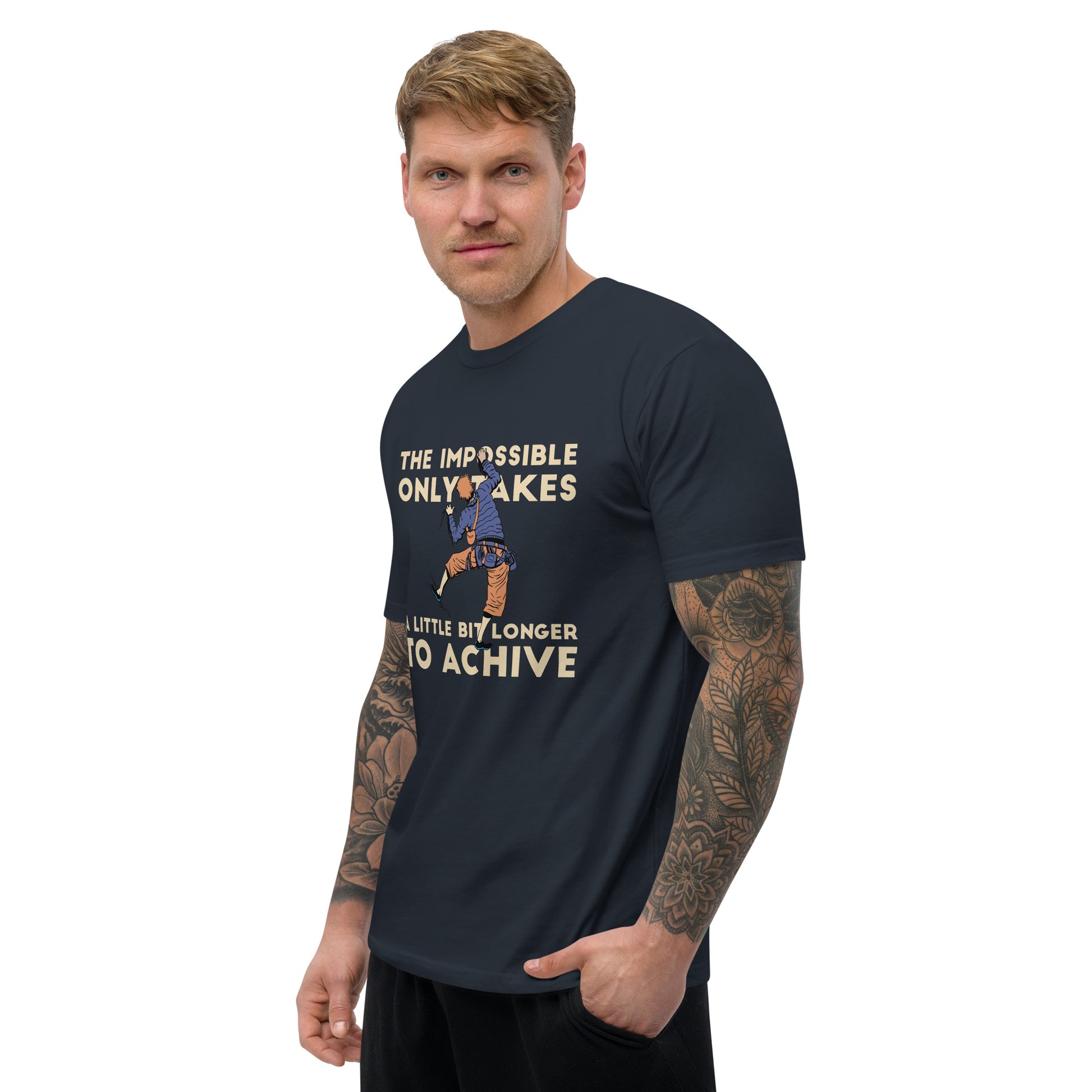 Men's fitted midnight navy t-shirt featuring "Achieve the Impossible" graphic by Knot Qualified for rock climbing enthusiasts.