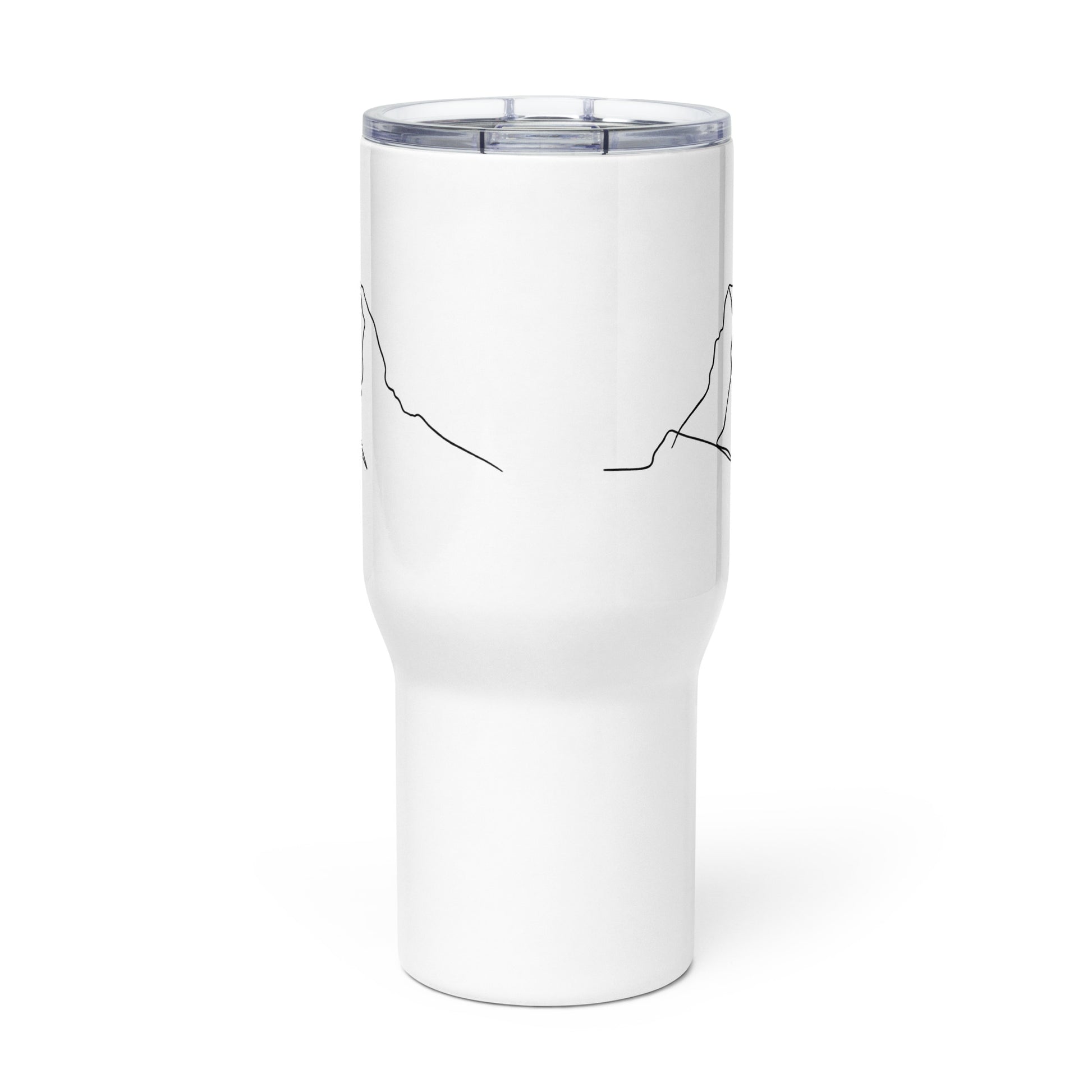 White insulated travel mug with handle featuring minimalist Matterhorn line art design by Knot Qualified.