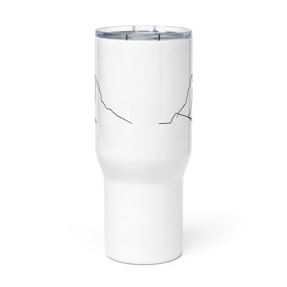 White insulated travel mug with handle featuring minimalist Matterhorn line art design by Knot Qualified.