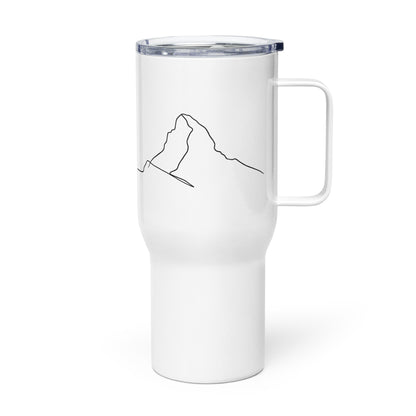 White 25 oz Matterhorn minimalist line art travel mug by Knot Qualified with a handle and insulated design.