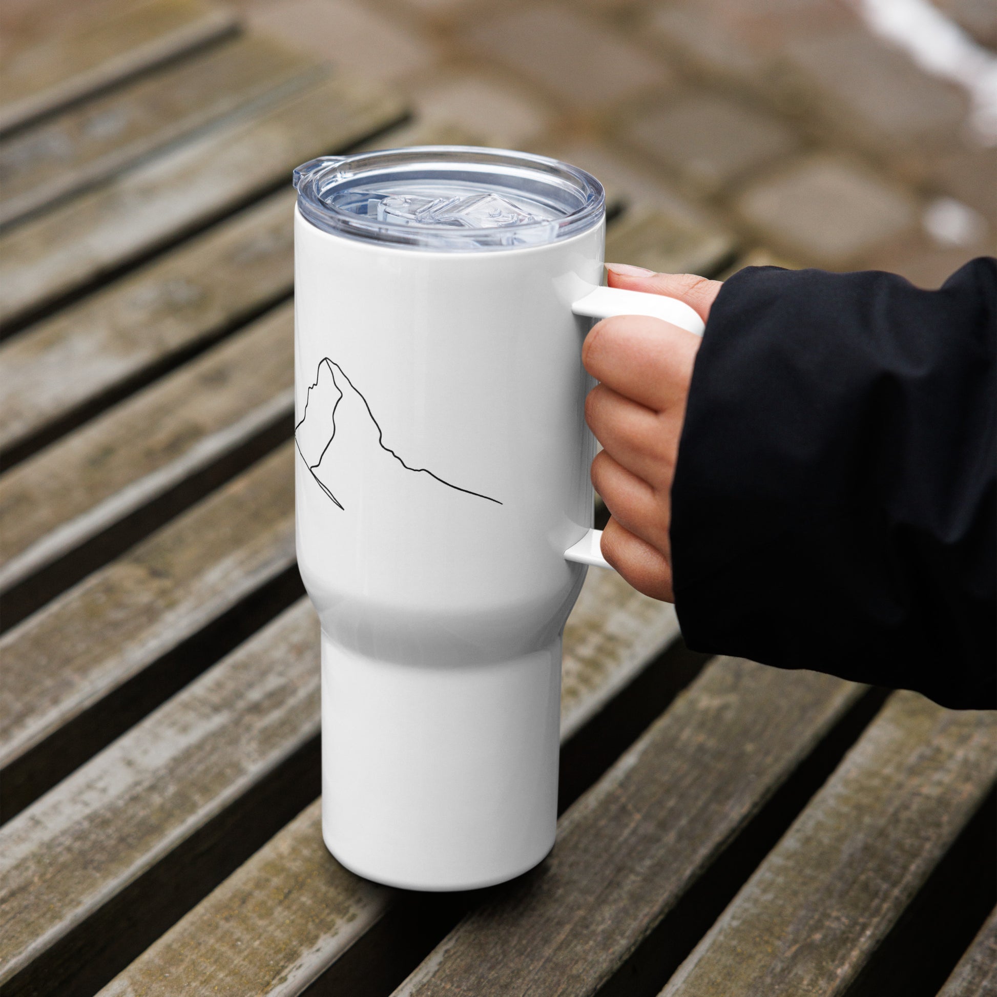 White 25 oz insulated travel mug with handle featuring minimalist line art design by Knot Qualified.