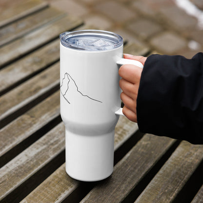 White 25 oz insulated travel mug with handle featuring minimalist line art design by Knot Qualified.