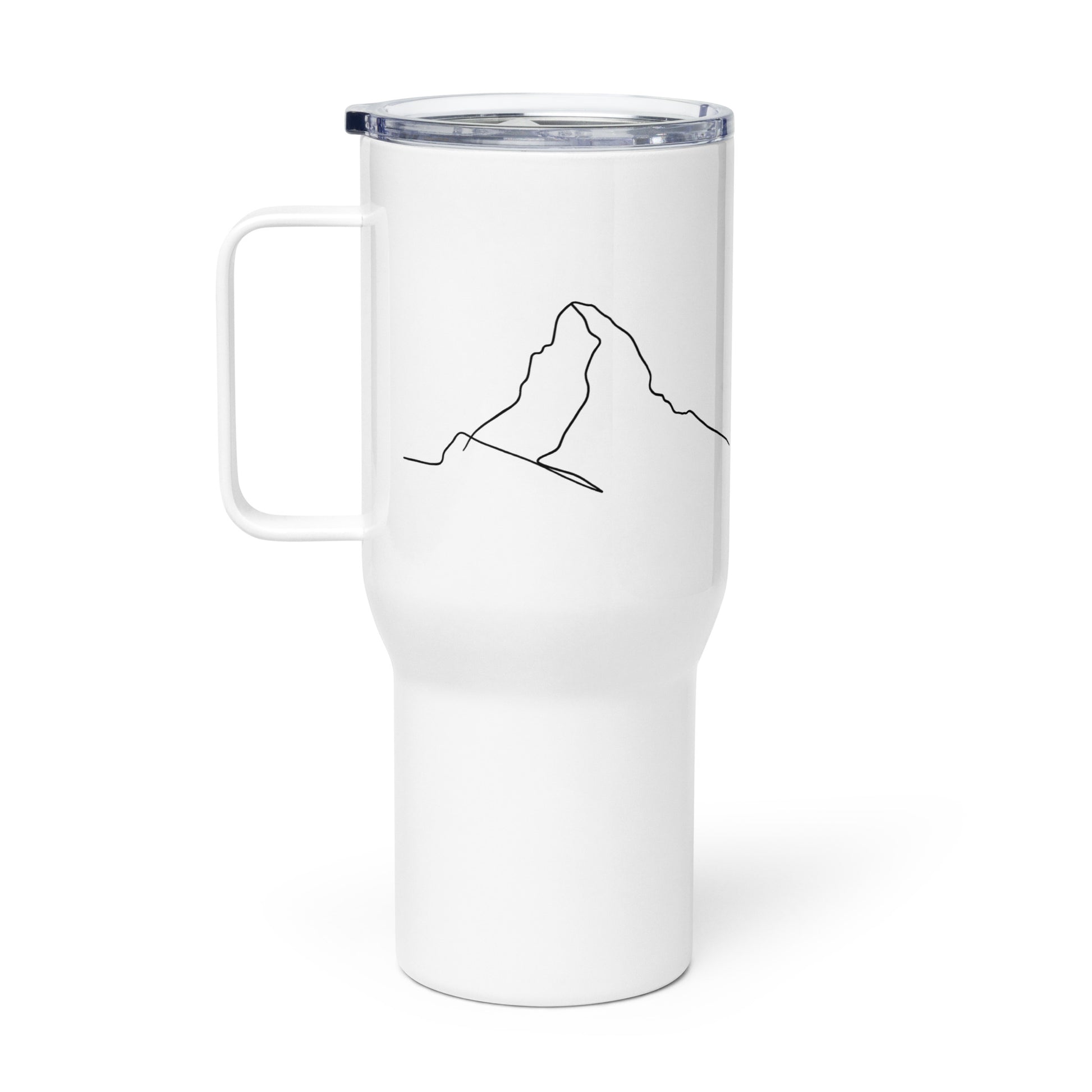White Matterhorn minimalist line art insulated travel mug with a handle, 25 oz capacity by Knot Qualified.