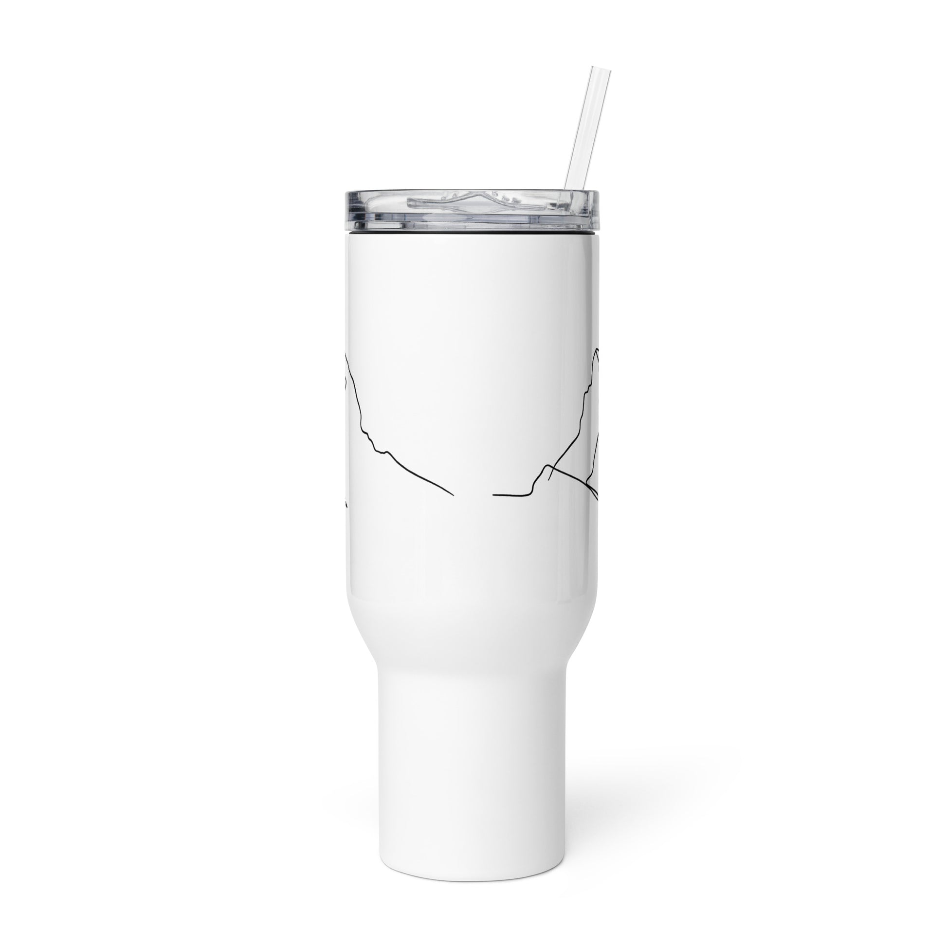 White 40 oz Matterhorn minimalist line art insulated mug with handle by Knot Qualified, featuring a sleek, modern design.