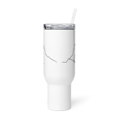 White 40 oz Matterhorn minimalist line art insulated mug with handle by Knot Qualified, featuring a sleek, modern design.