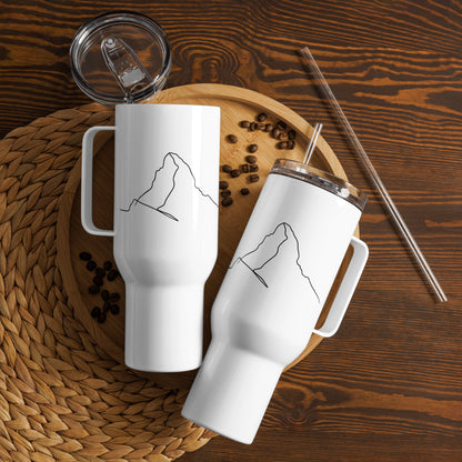 White 40 oz insulated travel mug with handle featuring minimalist Matterhorn line art by Knot Qualified.