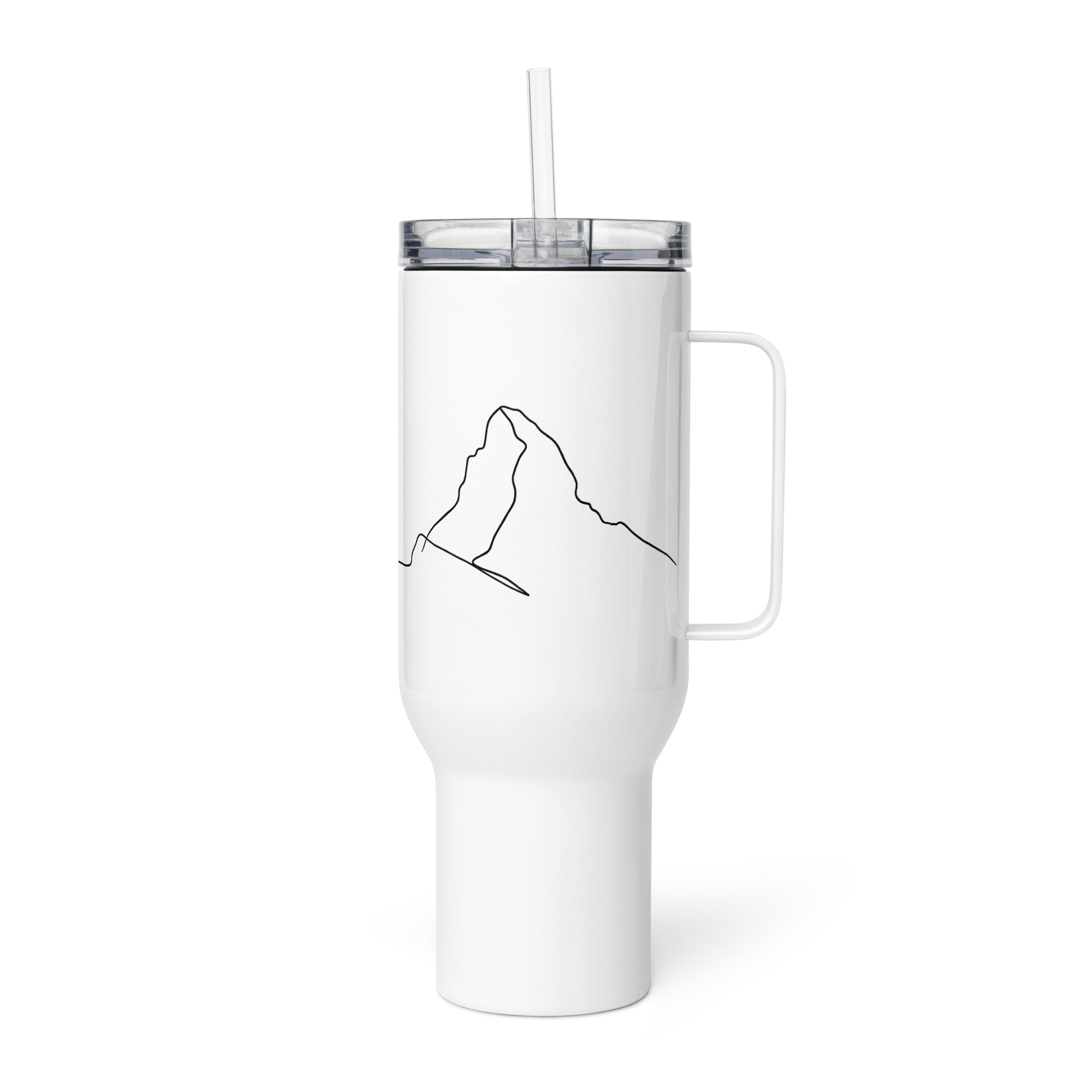 White 40 oz insulated travel mug with minimalist line art and handle by Knot Qualified. Ideal for on-the-go use.