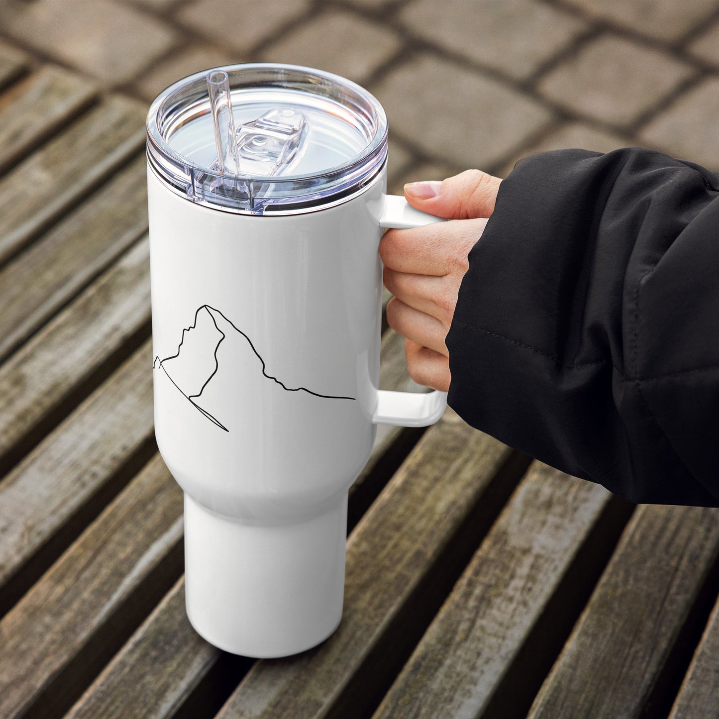 Knot Qualified Matterhorn minimalist line art insulated travel mug with handle, 40 oz, white design.